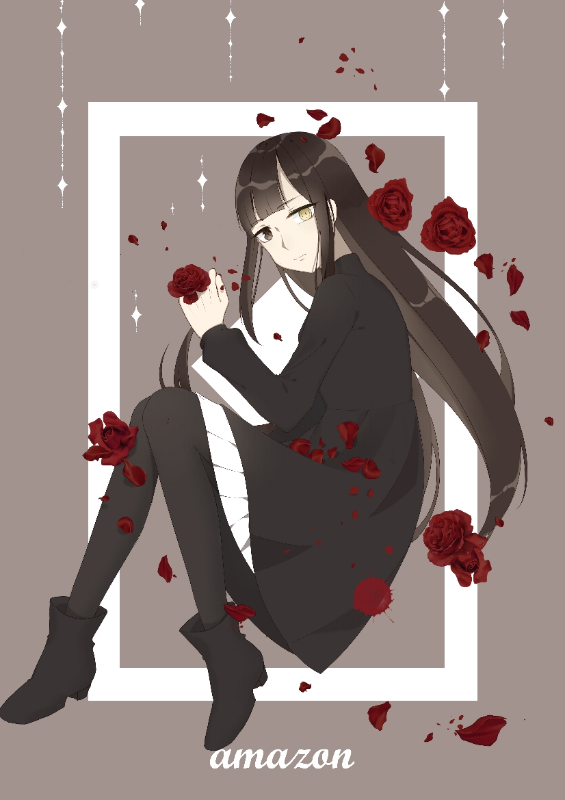 1girl, black_boots, black_dress, black_pantyhose, blunt_bangs, boots, brown_background, brown_eyes, brown_hair, closed_mouth, double-parted_bangs, dress, expressionless, flower, full_body, heterochromia, high_heel_boots, high_heels, holding, holding_flower, hoshino_iyu, kamen_rider, kamen_rider_amazons, kirina_zero, long_hair, long_sleeves, miniskirt, pantyhose, petals, pleated_skirt, red_flower, red_rose, rose, rose_petals, short_dress, sidelocks, sitting, skirt, skirt_under_dress, solo, sparkle, straight_hair, turtleneck, turtleneck_dress, very_long_hair, white_skirt, yellow_eyes