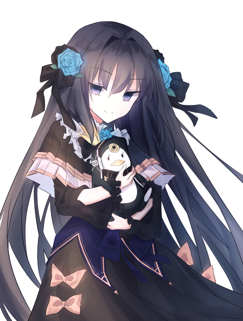 1girl, arcaea, arm_cutout, black_bow, black_bowtie, black_capelet, black_hair, black_ribbon