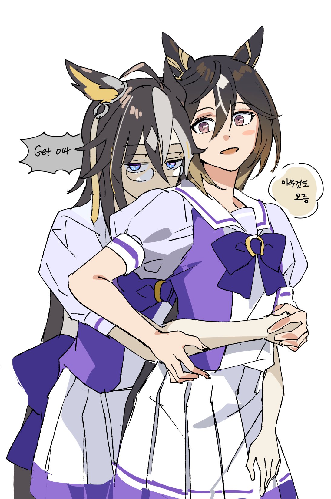 2girls, animal_ears, arms_around_waist, behind_another, black_hair, blonde_hair, blue_eyes, bow, bowtie, brown_hair, colored_inner_animal_ears, colored_speech_bubble, commentary_request, dream_journey_(umamusume), english_text, frilled_skirt, frills, front-to-back, glasses, gradient_hair, heads_together, highres, horse_ears, horse_girl, korean_commentary, korean_text, long_hair, looking_at_viewer, mixed-language_text, mogyus, multicolored_hair, multiple_girls, open_mouth, own_hands_together, pleated_skirt, protecting, puffy_short_sleeves, puffy_sleeves, purple_bow, purple_bowtie, purple_shirt, sailor_collar, sailor_shirt, school_uniform, shirt, short_sleeves, simple_background, skirt, speech_bubble, standing, stay_gold_(umamusume), summer_uniform, tracen_school_uniform, umamusume, white_background, white_hair, white_sailor_collar, white_skirt