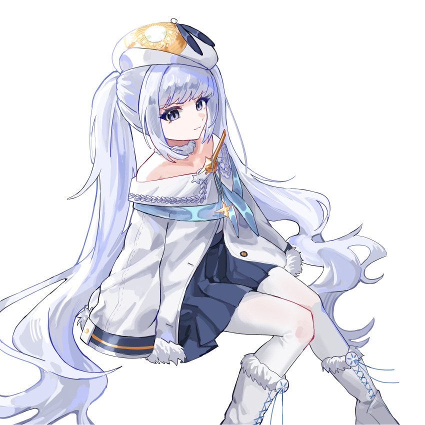 1girl, absurdres, azur_lane, bare_shoulders, blue_eyes, blue_skirt, boots, closed_mouth, dmitri_donskoi_(azur_lane), drunontry, hat, highres, invisible_chair, long_hair, long_sleeves, looking_at_viewer, pantyhose, parka, pleated_skirt, sitting, skirt, solo, swept_bangs, twintails, very_long_hair, white_boots, white_hair, white_hat, white_pantyhose