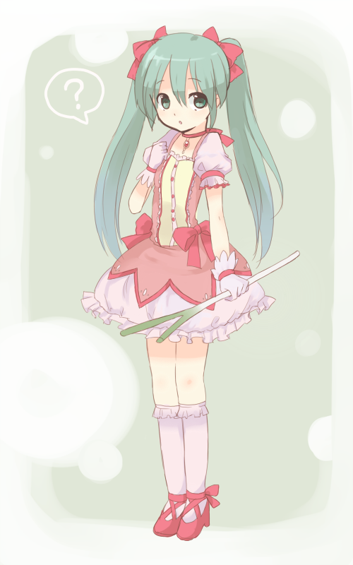 aqua_eyes, aqua_hair, bad_id, bow, bubble_skirt, choker, cosplay, dress