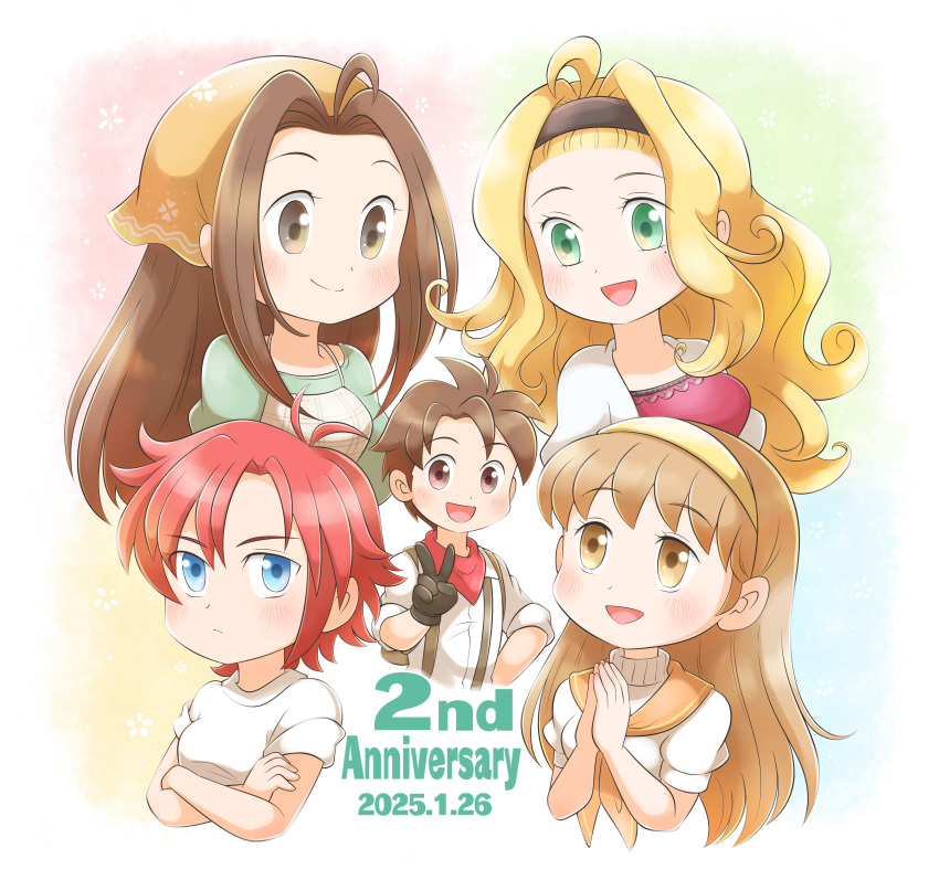 1boy, 4girls, absurdres, ahoge, anniversary, aogaeru_(pixiv46613656), black_gloves, blonde_hair