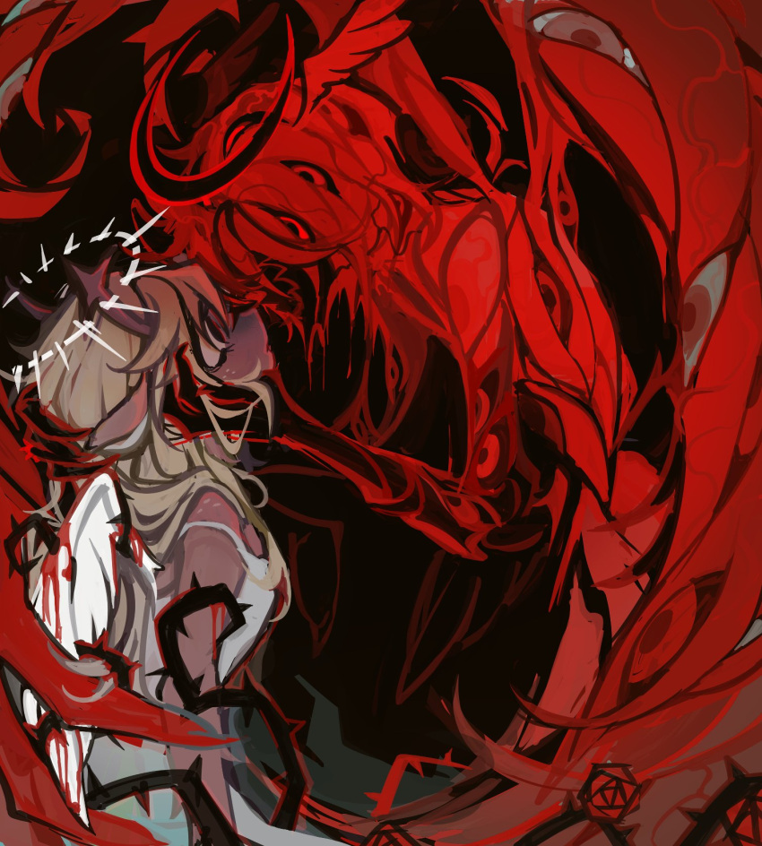 1girl, 1other, angel_wings, animal_ears, antlers, black_background, blonde_hair, colored_skin