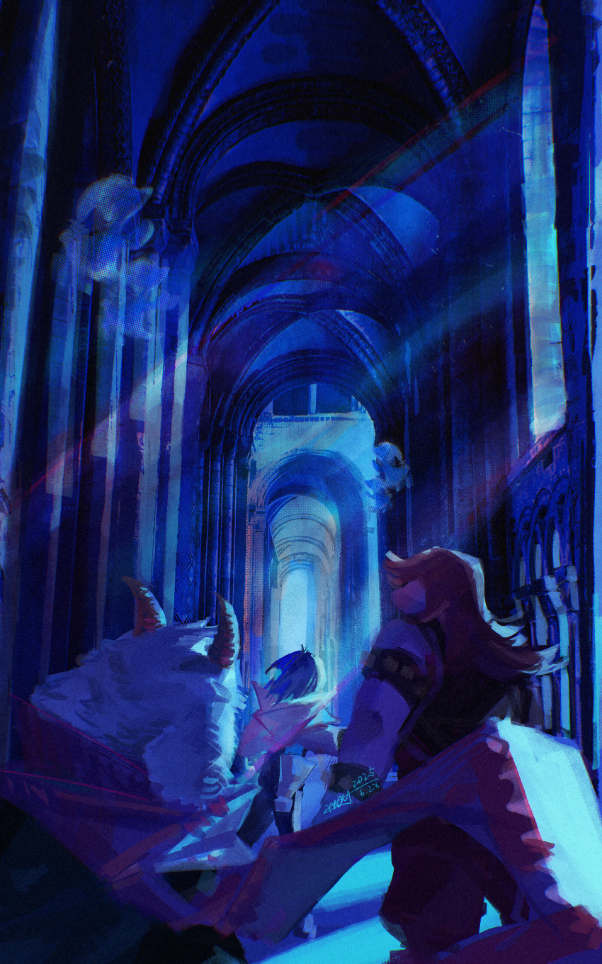 1boy, 1girl, 1other, absurdres, animal_ears, arch, blue_hair, blue_theme, colored_skin, creature, dated, deltarune, facing_away, from_behind, furry, furry_male, goat_ears, goat_horns, hallway, highres, horns, indoors, kris_(dark_world)_(deltarune), kris_(deltarune), light_rays, mizzle_(deltarune), moyi7239, pink_scarf, pink_skin, purple_hair, ralsei, scarf, scenery, short_hair, signature, susie_(dark_world)_(deltarune), susie_(deltarune)