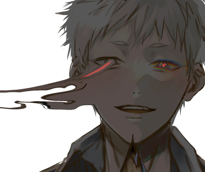 1boy, body_horror, collared_shirt, commentary_request, deep_wound, hikaru_ga_shinda_natsu, indou_hikaru, injury, looking_at_viewer, male_focus, melting_eyes, melting_face, open_mouth, portrait, red_pupils, sajujutsu, shirt, short_hair, simple_background, solo, teeth, tongue, upper_teeth_only, white_background, white_hair, white_shirt