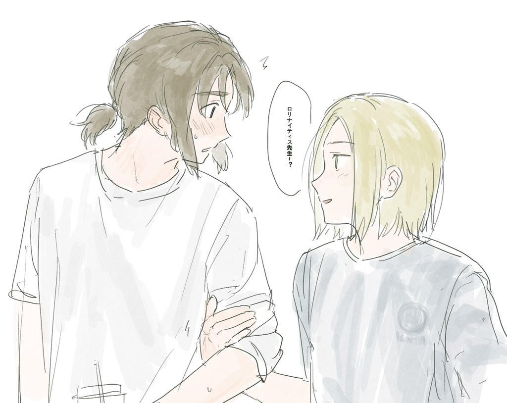 2boys, black_eyes, blonde_hair, blush, brown_hair, cup, dialogue_box, green_eyes, grey_shirt, hand_on_another&amp;#039;s_arm, lithuania_(hetalia), poland_(hetalia), smile, sweat, tied_hair, white_background, white_shirt