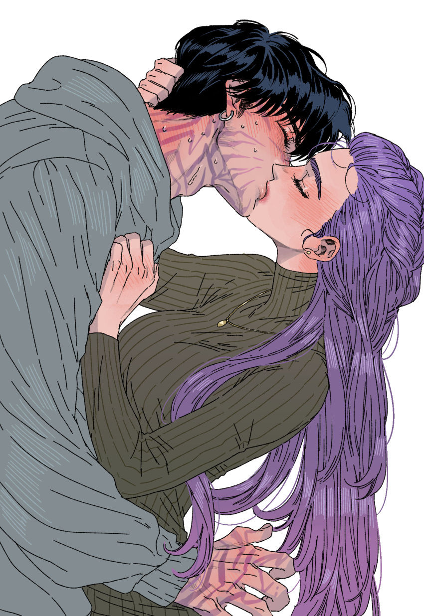 1boy, 1girl, black_hair, blush, braid, braided_ponytail, commentary_request, earrings, hetero, highres, hood, hoodie, jewelry, jinu_(kpop_demon_hunters), korean_commentary, kpop_demon_hunters, long_hair, necklace, pinkteest, profile, purple_hair, rumi_(kpop_demon_hunters), short_hair, simple_background, turtleneck, white_background