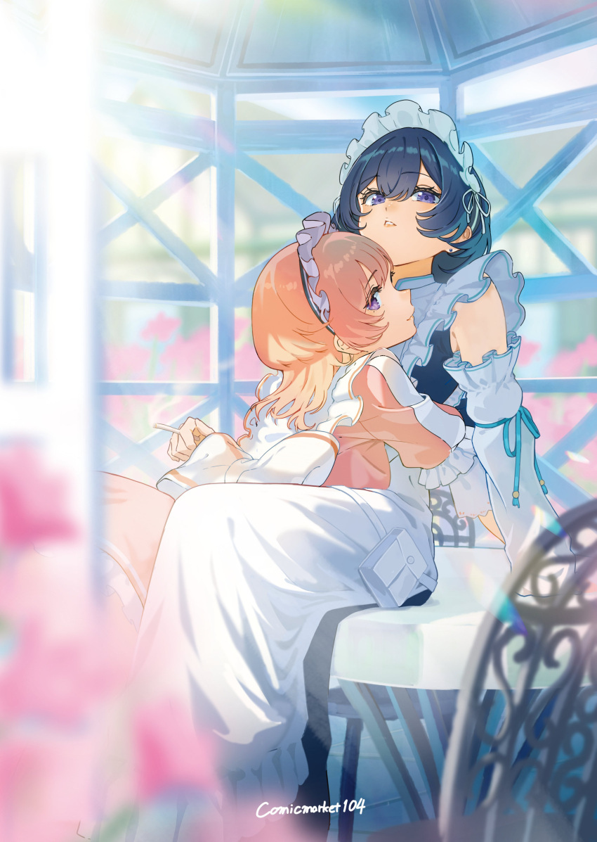 2girls, absurdres, apron, arm_support, armpit_crease, back_bow, between_fingers, black_dress