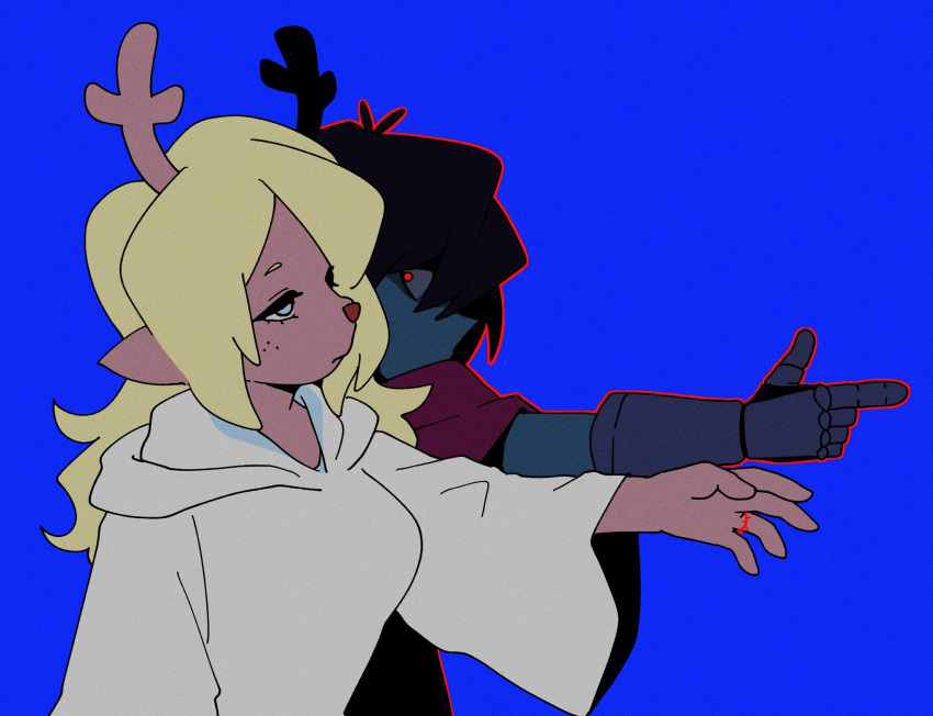 1girl, 1other, antlers, armored_gloves, black_hair, blonde_hair, blue_skin, colored_skin, commentary, deer_antlers, deer_girl, deltarune, grey_eyes, hashtag-only_commentary, highres, hooded_robe, horns, kris_(dark_world)_(deltarune), kris_(deltarune), long_hair, noelle_holiday, noelle_holiday_(dark_world), only_gnb, outline, pointing, red_eyes, red_outline, robe, simple_background, weird_route_(deltarune), white_robe
