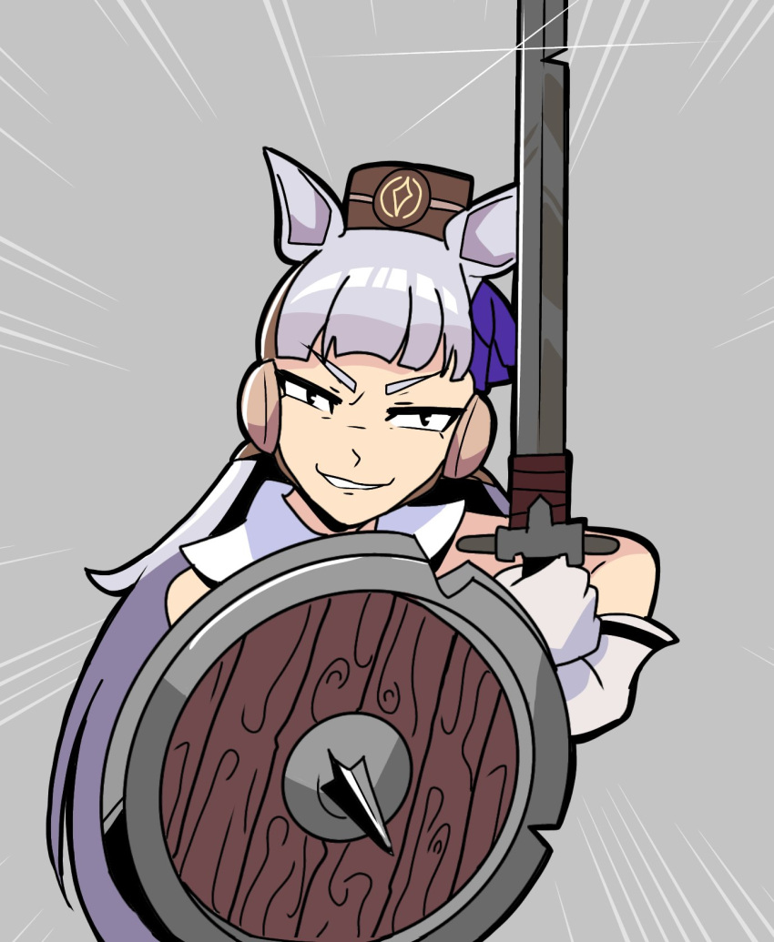 1girl, animal_ears, blunt_bangs, bread_forbidden, chargin'_targe, commentary, english_commentary, eyelander, gloves, gold_ship_(umamusume), grey_hair, hair_ornament, hat, highres, horse_ears, horse_girl, long_hair, pillbox_hat, simple_background, smile, solo, team_fortress_2, umamusume