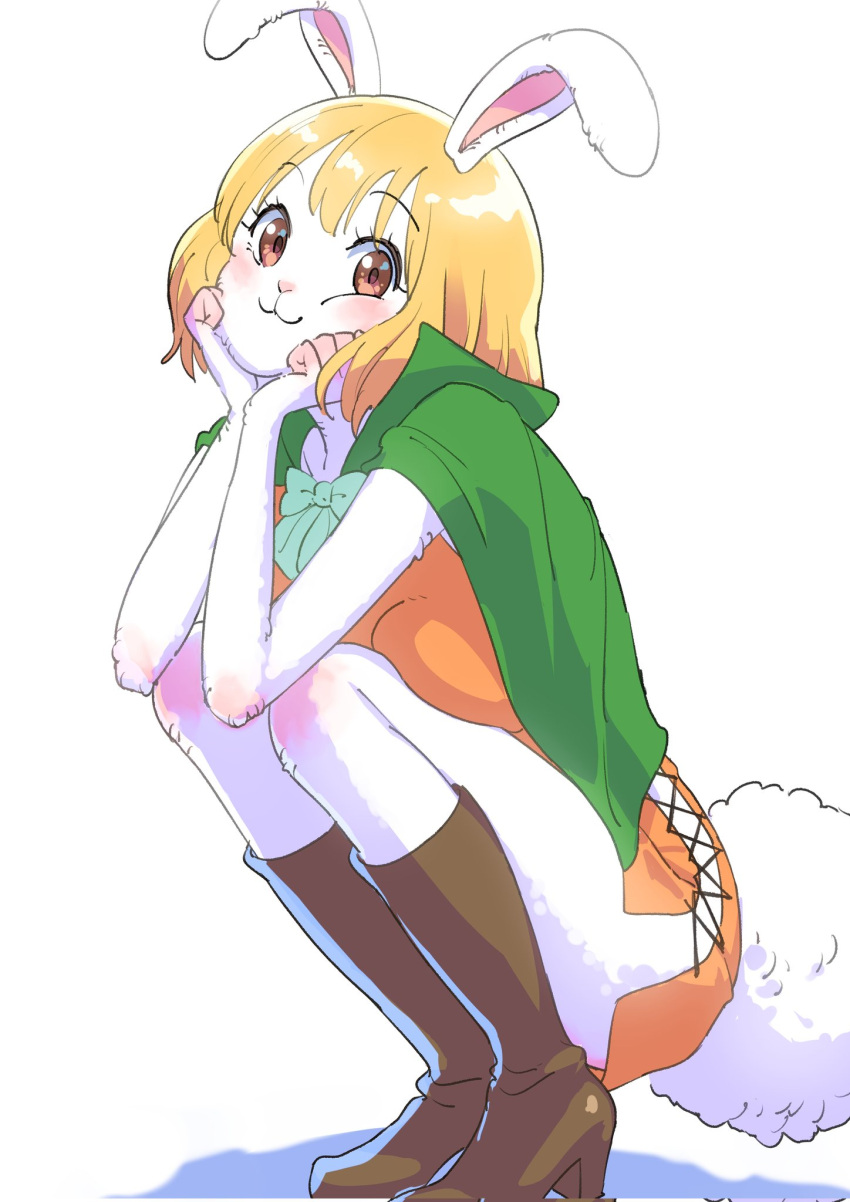 1girl, animal_ears, blonde_hair, boots, bow, bowtie, brown_boots, buruu4000, capelet, carrot_(one_piece), commentary, cross-laced_clothes, cross-laced_dress, dress, green_capelet, high_heels, highres, one_piece, orange_dress, rabbit_ears, rabbit_girl, rabbit_tail, short_hair, solo, squatting, tail