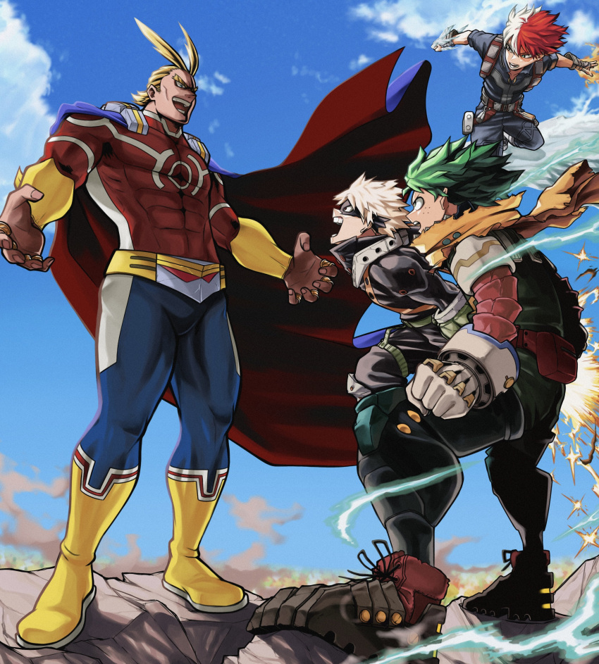 4boys, absurdres, all_might, bakugou_katsuki, battle, blonde_hair, blue_bodysuit, bodysuit