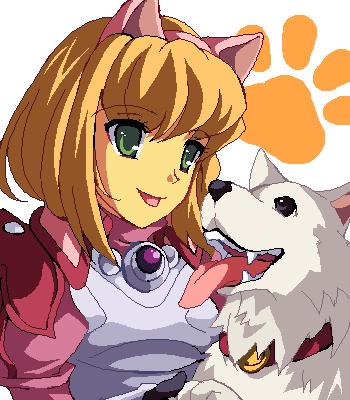 alexia_lynn_elesius, animal_ears, armor, black_eyes, blonde_hair, cat_ears, collar, dog, enoo, fang, fur, green_eyes, hairband, lowres, oekaki, paws, short_hair, smile, tongue, tony_(wild_arms_xf), white_background, wild_arms, wild_arms_xf