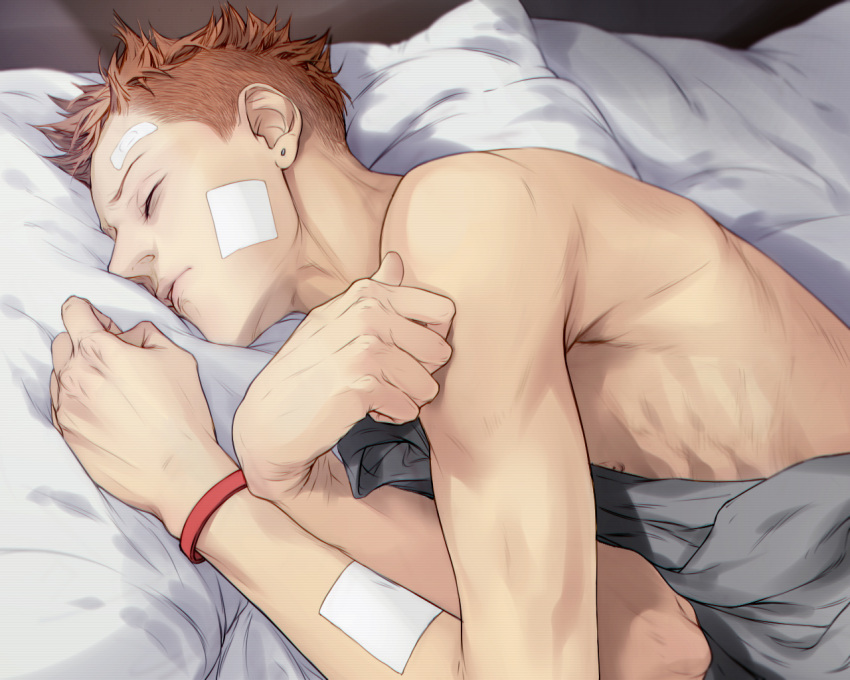19_tian, 1boy, bandaid, bandaid_on_face, bandaid_on_forehead, bracelet, closed_eyes, commentary_request, earrings, eyelashes, gauze, gauze_on_arm, gauze_on_cheek, jewelry, lips, lying, male_focus, mo_guan_shan, nipples, nose, on_bed, on_side, pillow, short_hair, skinny, sleeping, solo, umary, undercut