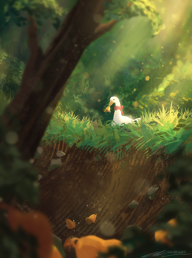 artist_name, atmospheric_perspective, bell, bird, day, forest, goose, goose_(untitled_goose_game)