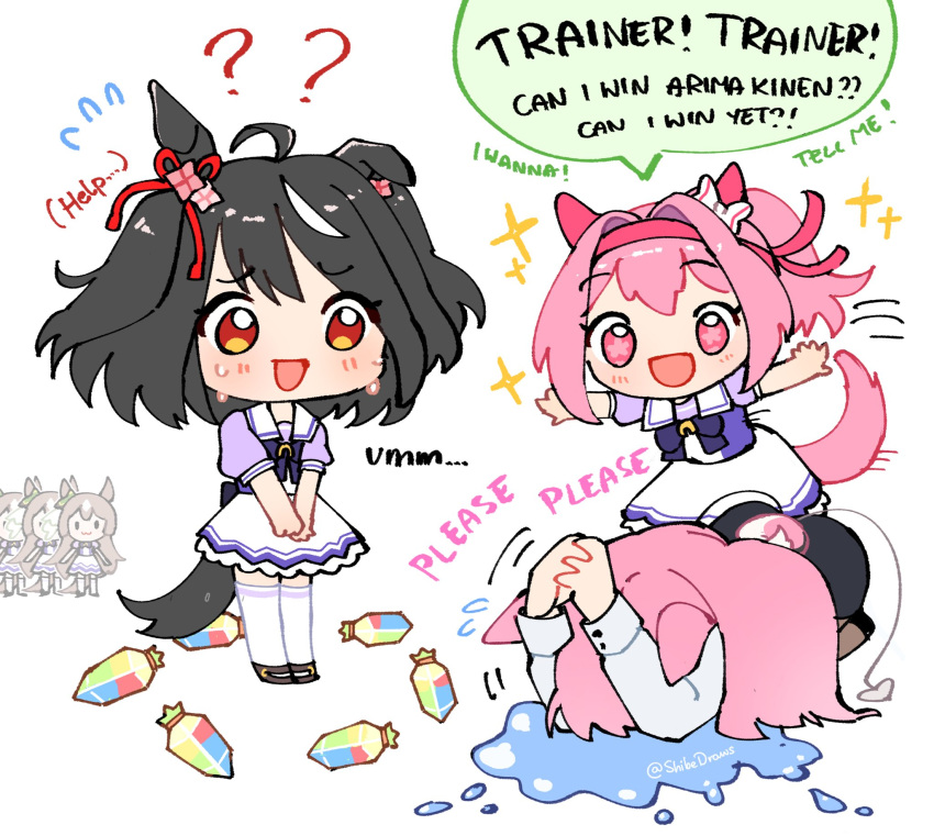 6+girls, :3, ?, ??, ahoge, animal_ears, artist_name, artist_self-insert, black_hair, bow, bowtie, brown_eyes, brown_hair, chibi, clone, commentary, crying, english_commentary, english_text, flying_sweatdrops, hair_ribbon, haru_urara_(umamusume), headband, highres, horse_ears, horse_girl, horse_tail, horseshoe_ornament, interlocked_fingers, jewel_(umamusume), kitasan_black_(umamusume), light_blush, loafers, long_hair, medium_hair, motion_lines, multiple_girls, multiple_persona, open_mouth, over-kneehighs, own_hands_clasped, own_hands_together, pink_eyes, pink_hair, pink_headband, ponytail, praying, puddle, puffy_short_sleeves, puffy_sleeves, purple_bow, purple_bowtie, purple_shirt, ribbon, sailor_collar, sailor_shirt, satono_diamond_(umamusume), school_uniform, serafuku, shibedraws, shirt, shoes, short_sleeves, skirt, sparkle, speech_bubble, sweatdrop, symbol-shaped_pupils, tail, thigh-highs, tracen_school_uniform, trembling, umamusume, white_serafuku, white_skirt, white_streaks, white_thighhighs