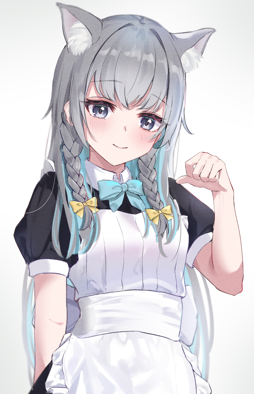 1girl, animal_ear_fluff, animal_ears, apron, aqua_bow, aqua_bowtie, arm_at_side, black_dress, blue_hair, blush, bow, bowtie, braid, character_request, clenched_hand, closed_mouth, collared_dress, commentary_request, commission, copyright_request, dress, eyelashes, film_grain, frilled_apron, frills, from_below, grey_eyes, grey_hair, hair_bow, hair_over_shoulder, hand_up, highres, hiragi_1014, looking_at_viewer, looking_down, maid, maid_apron, multicolored_hair, short_sleeves, sidelocks, simple_background, skeb_commission, smile, solo, standing, straight_hair, streaked_hair, twin_braids, upper_body, white_apron, white_background, wing_collar, yellow_bow