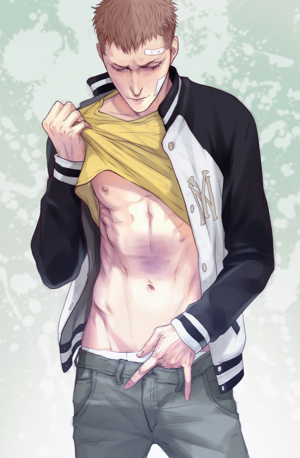19_tian, 1boy, bandaid, bandaid_on_face, bandaid_on_forehead, brown_hair, bruise, bruise_on_stomach, closed_eyes, cowboy_shot, denim, gauze, gauze_on_cheek, grey_pants, hand_in_pants, highres, injury, jacket, jeans, lifting_own_clothes, male_focus, male_underwear, male_underwear_peek, mo_guan_shan, navel, nipples, nose, open_clothes, open_jacket, pants, pocket, shirt, solo, standing, toned, toned_male, umary, undercut, underwear, white_male_underwear, yellow_shirt