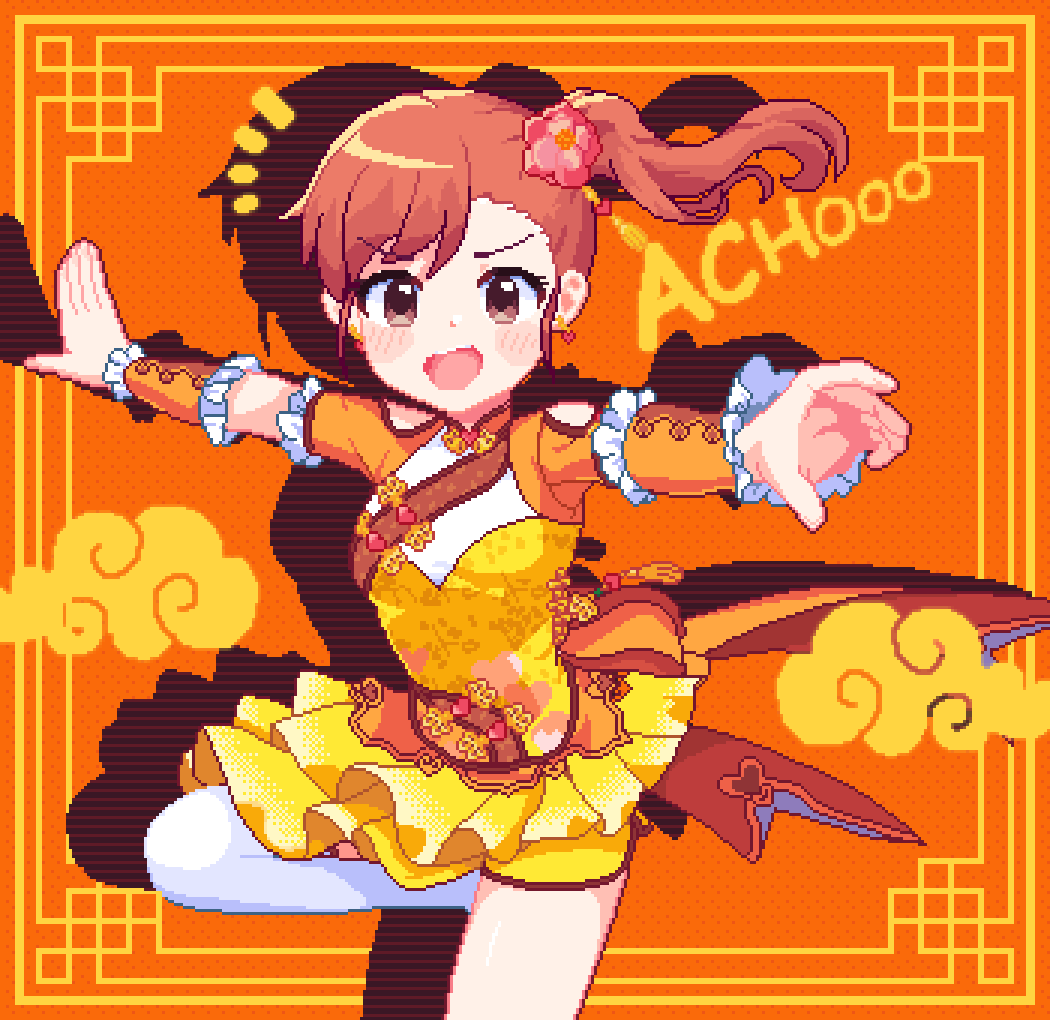 1girl, blush, breasts, brown_eyes, brown_hair, chinese_clothes, cowboy_shot, dress