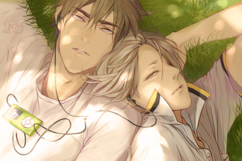 19_tian, 2015, 2boys, blonde_hair, blue_eyes, buttons, collared_shirt, digital_media_player