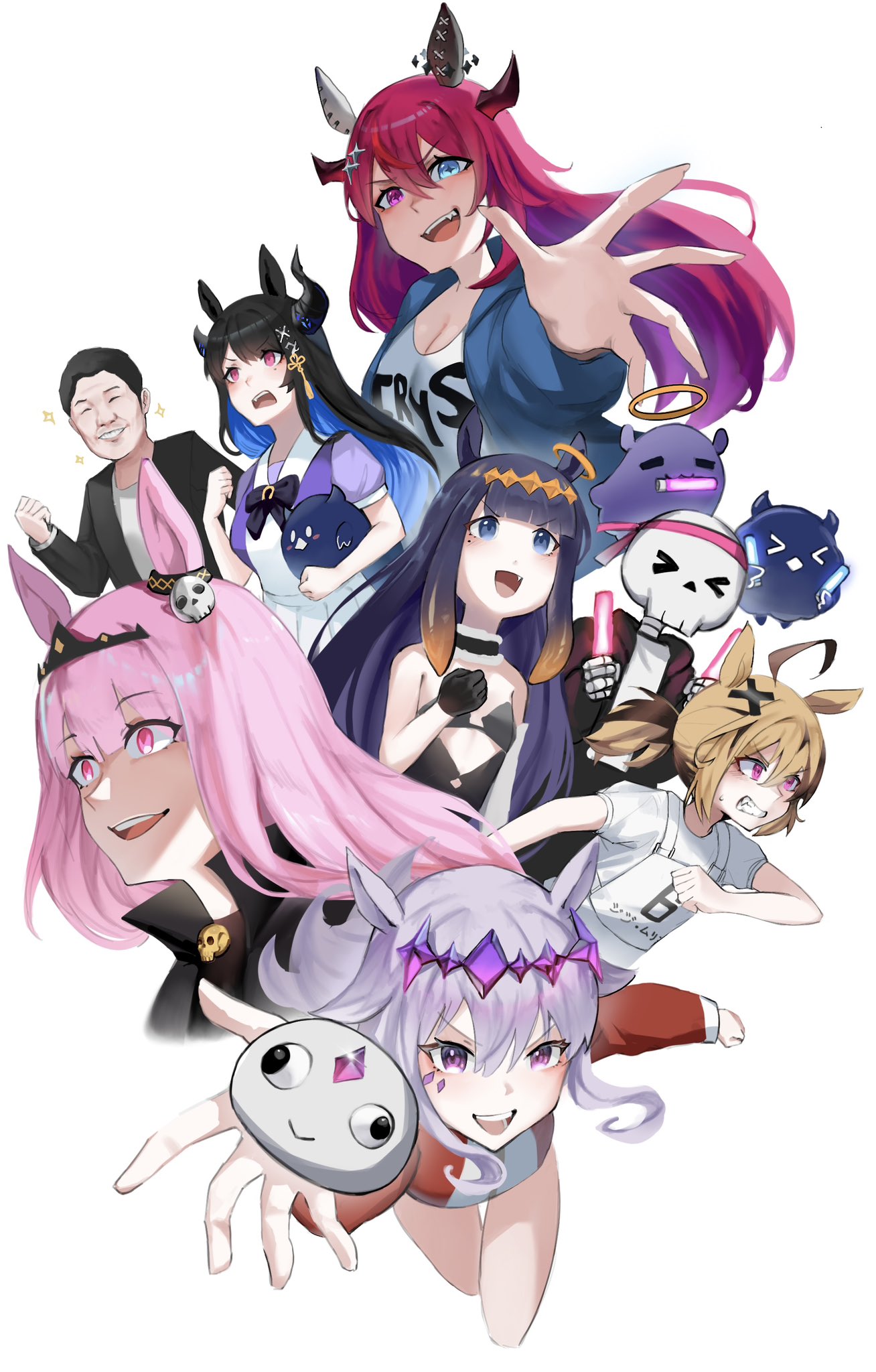 1boy, 6+girls, animal_ears, black_hair, blonde_hair, blue_hair, bow, breasts, brown_hair, cosplay, double_halo, dress, ear_covers, ear_ornament, ear_ribbon, everyone, gigi_murin, grey_hair, hair_ornament, halo, heterochromia, highres, hololive, hololive_english, holomyth, horns, horse_ears, horse_girl, horse_tail, horseshoe_ornament, iggy2077, irys_(hololive), joints, kemonomimi_mode, koseki_bijou, long_hair, mori_calliope, multicolored_hair, multiple_girls, nerissa_ravencroft, ninomae_ina'nis, open_mouth, original_race_uniform_(umamusume), pants, pink_eyes, pink_hair, ponytail, purple_hair, purple_shirt, red_eyes, red_hair, sailor_collar, sailor_shirt, school_uniform, shirt, short_hair, smile, streaked_hair, tail, tracen_school_uniform, tracen_training_uniform, twintails, umamusume, violet_eyes, virtual_youtuber, white_shirt, yagoo