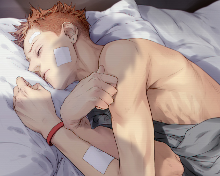 19_tian, 2boys, bandaid, bandaid_on_face, bandaid_on_forehead, bracelet, closed_eyes, commentary_request, earrings, eyelashes, gauze, gauze_on_arm, gauze_on_cheek, he_tian, jewelry, lips, lying, male_focus, mo_guan_shan, multiple_boys, nipples, nose, on_bed, on_side, pillow, shadow, short_hair, skinny, sleeping, solo_focus, umary, undercut