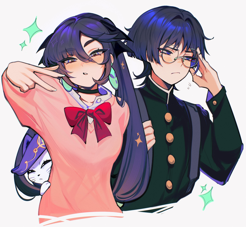 1boy, 1girl, absurdres, ayase_momo, ayase_momo_(cosplay), barbeloth_(genshin_impact), black_hair, blush, bow, choker, cosplay, dandadan, earrings, genshin_impact, glasses, hair_ribbon, hat, highres, jacket, jewelry, long_hair, long_sleeves, looking_at_viewer, mascot, memeh, mona_(genshin_impact), pink_sweater, purple_hair, red_bow, ribbon, round_eyewear, scaramouche_(genshin_impact), school_uniform, shirt, short_hair, star_(symbol), sweater, takakura_ken_(dandadan), takakura_ken_(dandadan)_(cosplay), turbo_granny_(dandadan), turbo_granny_(dandadan)_(cosplay), twintails, white_background