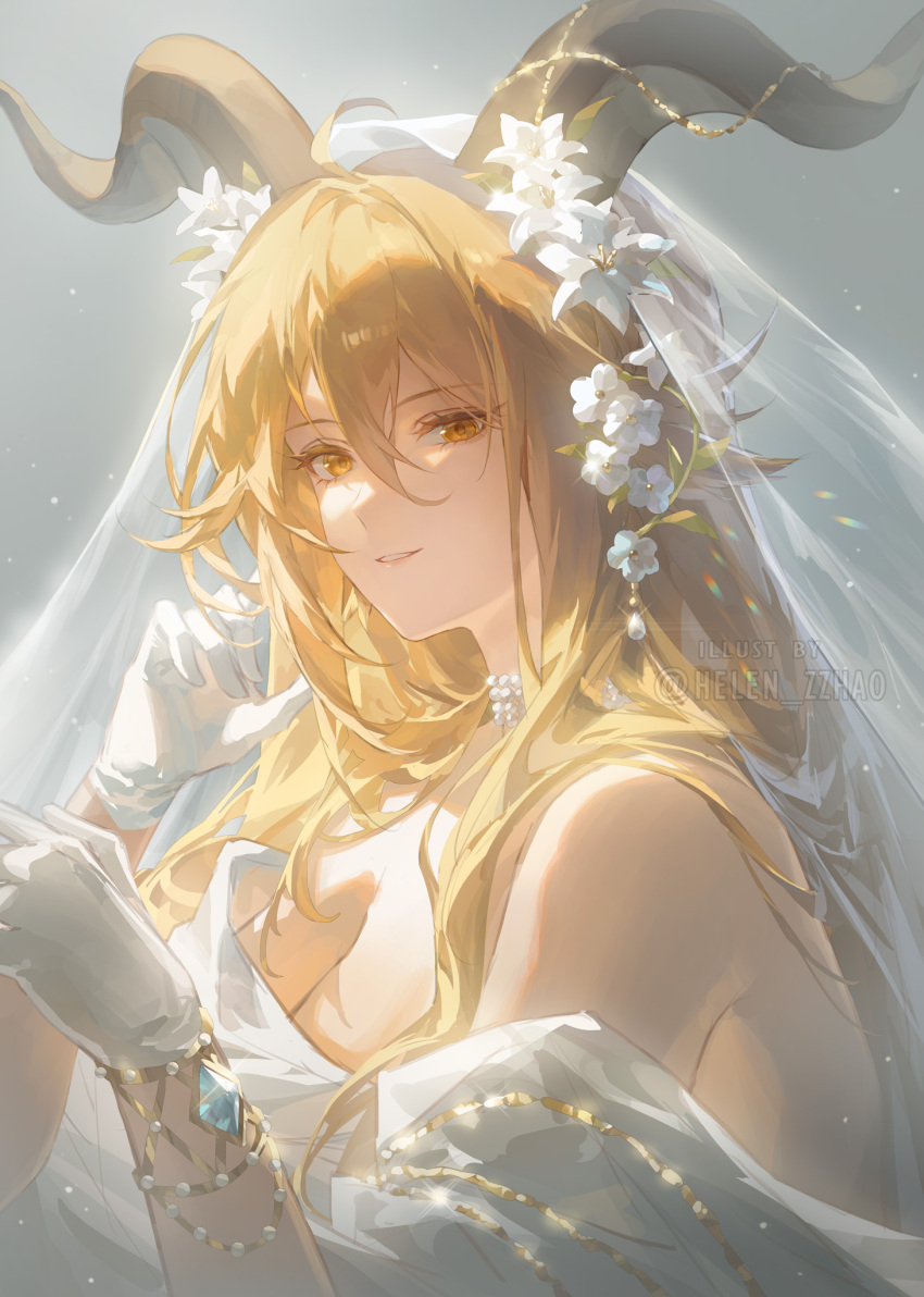1girl, alternate_costume, animal_ears, arknights, bare_shoulders, blonde_hair, bridal_veil, degenbrecher_(arknights), dress, flower, goat_ears, goat_girl, goat_horns, hair_between_eyes, hair_flower, hair_ornament, helen_zzhao, highres, horns, long_hair, looking_at_viewer, off-shoulder_dress, off_shoulder, orange_eyes, parted_lips, smile, solo, upper_body, veil, wedding_dress, white_dress, white_flower, white_veil