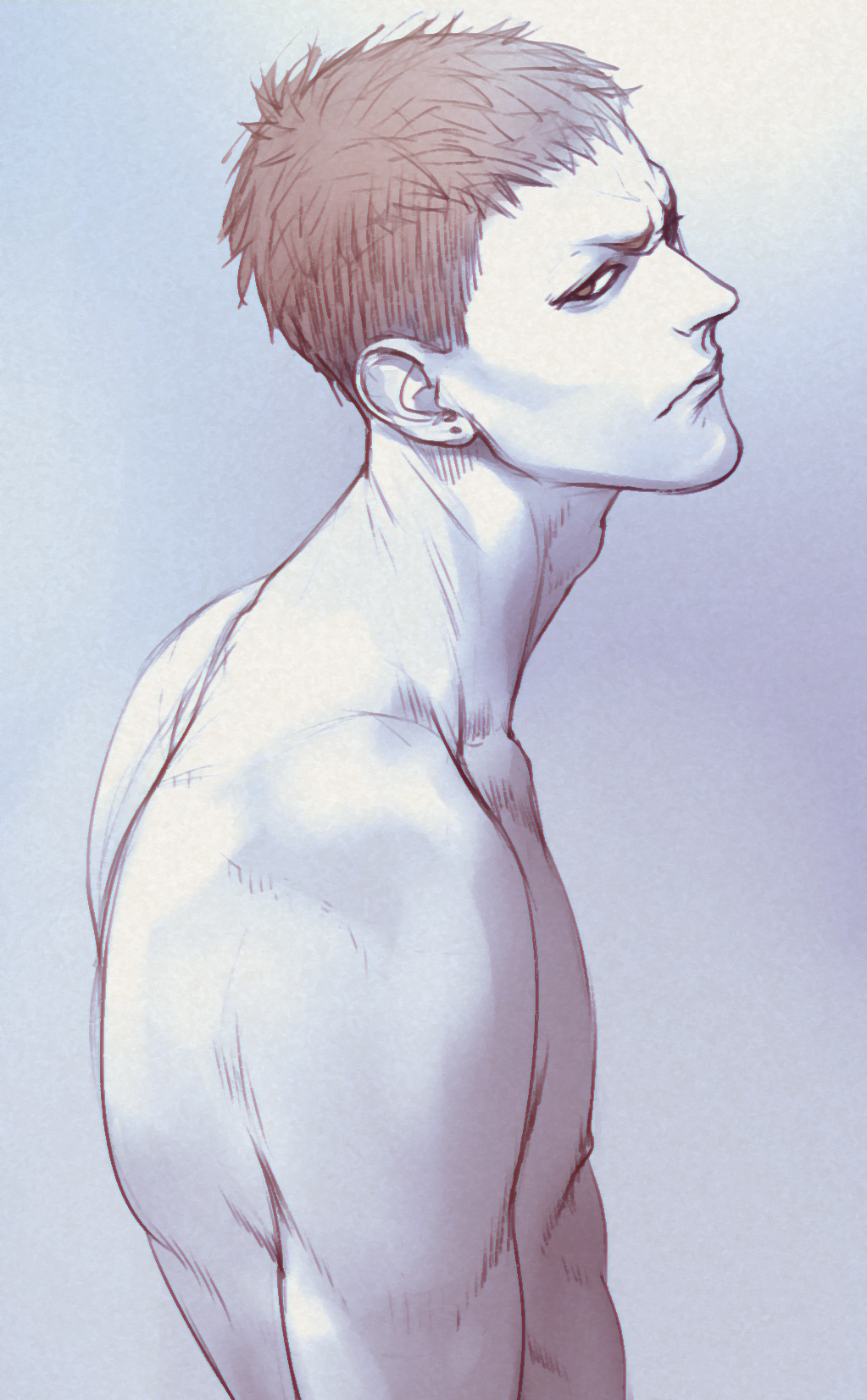 19_tian, 1boy, adam's_apple, brown_hair, closed_mouth, earrings, from_side, highres