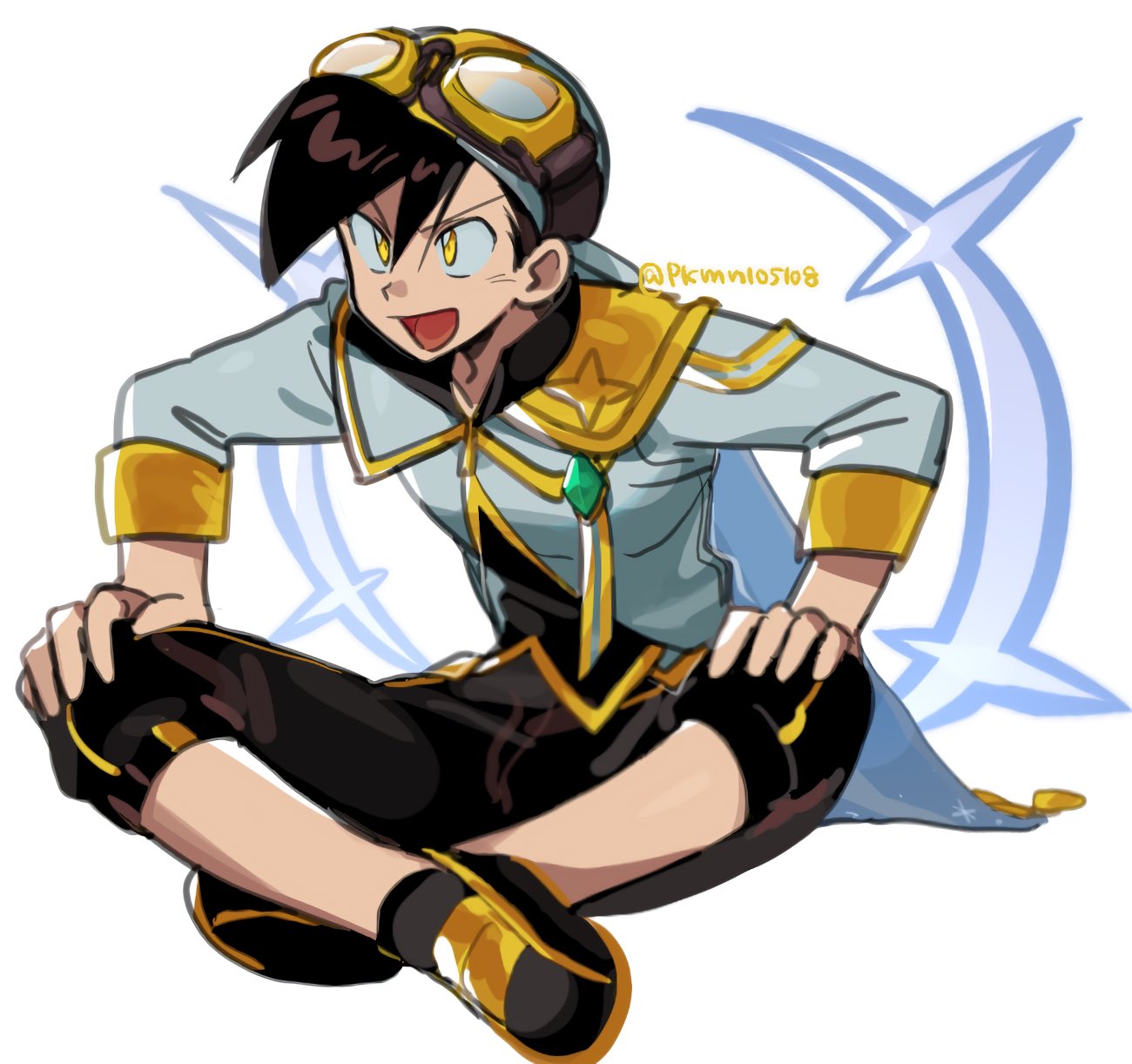 1boy, afyewv5, backwards_hat, baseball_cap, black_hair, black_shoes, blue_halo, ethan_(arc_suit)_(pokemon)