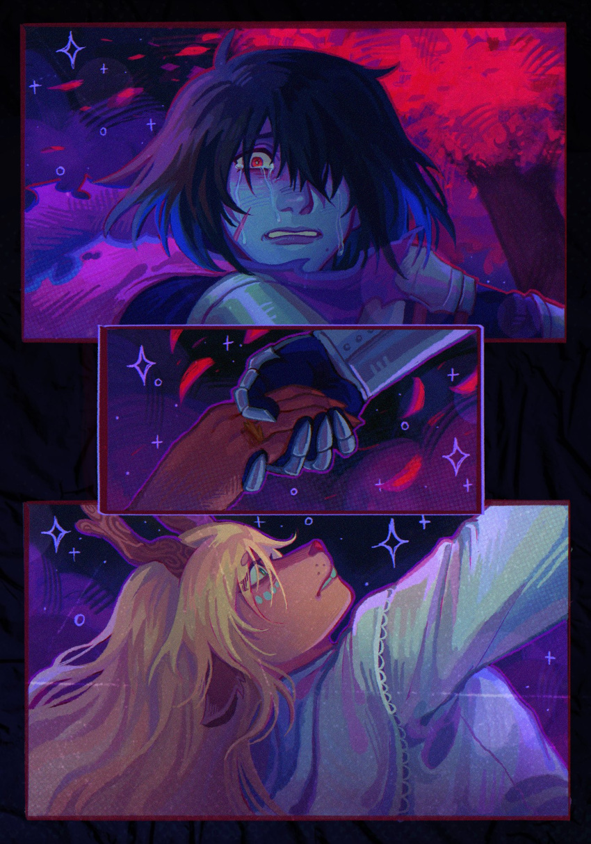 1girl, 1other, alien_stage, antlers, armor, blonde_hair, blue_hair, blue_skin