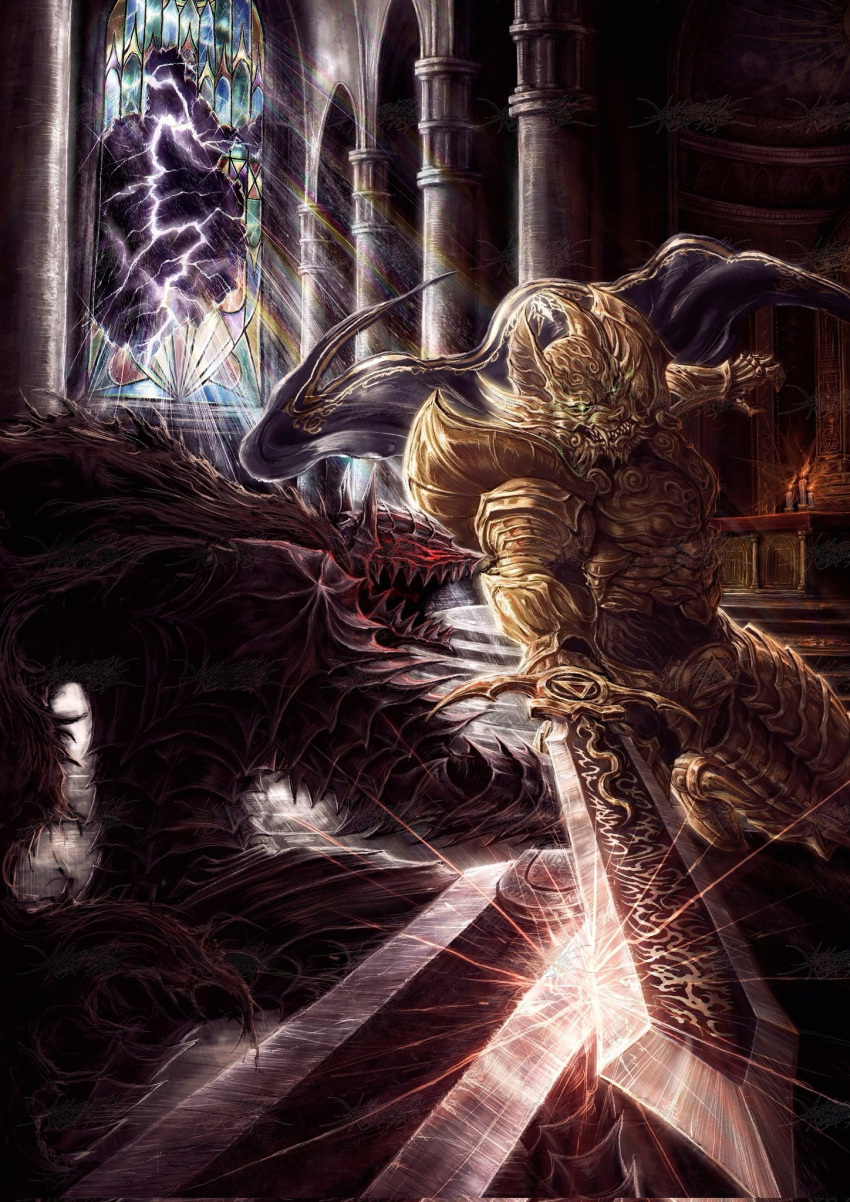 2boys, armor, berserk, berserker_armor, bolzak, broken_window, cape, church, dragonslayer_(sword), duel, fighting, full_armor, garo, garo_(series), glowing, glowing_eyes, gold_armor, guts_(berserk), highres, holding, holding_sword, holding_weapon, indoors, lightning, multiple_boys, sparks, sword, weapon
