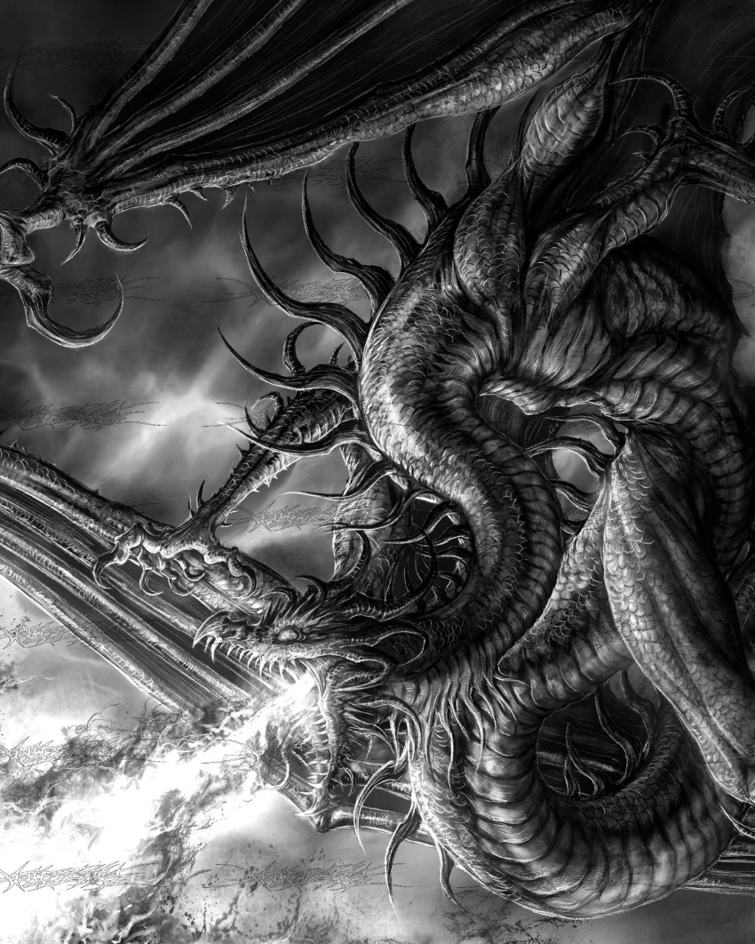 bolzak, breath_weapon, breathing_fire, clouds, cloudy_sky, commission, dragon, fangs
