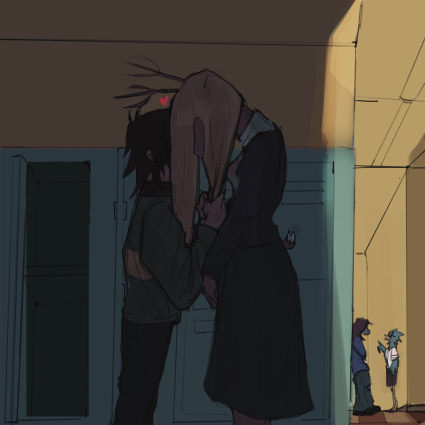 1boy, 1other, 2girls, antlers, berdly_(deltarune), bird_boy, black_shirt, black_skirt