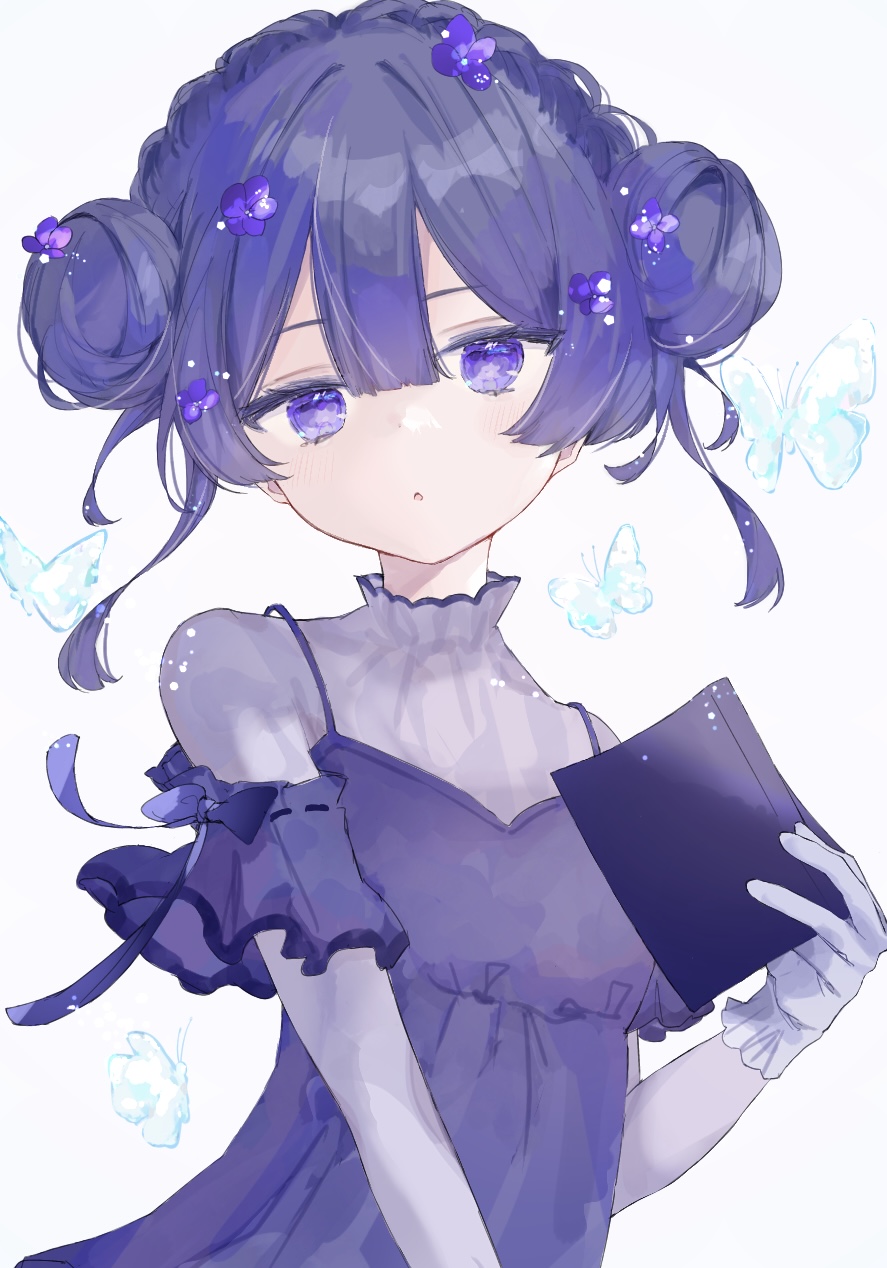 1girl, blush, bug, butterfly, center-flap_bangs, commentary_request, double_bun, dress, flower, gloves, grey_background, grey_gloves, guu_(oyasumi_gu), hair_bun, hair_flower, hair_ornament, highres, holding, hydrangea, looking_at_viewer, original, purple_dress, solo, violet_eyes