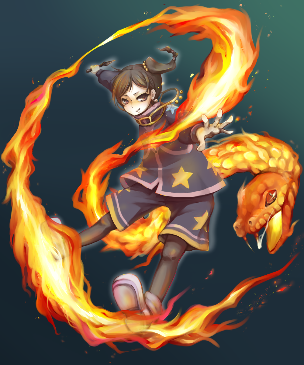 black_eyes, black_hair, black_legwear, blue_background, coat, earrings, fang, fire