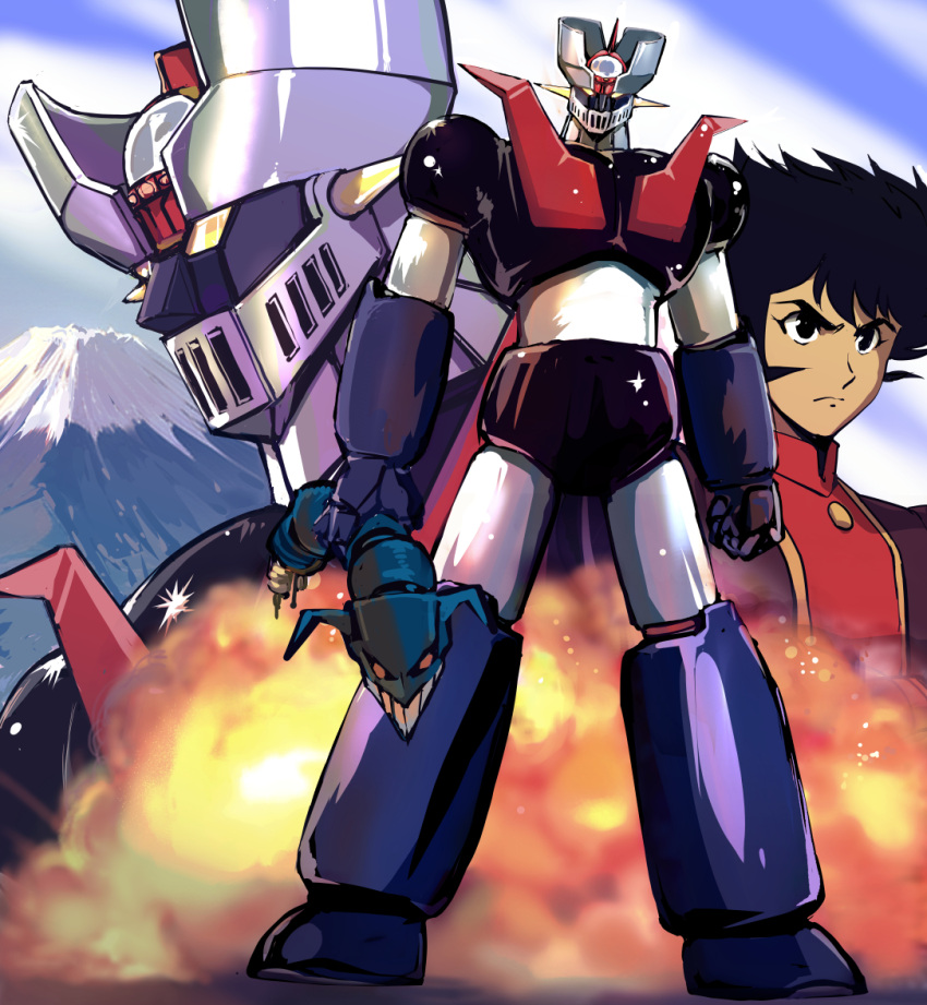 1boy, armor, black_armor, black_hair, blue_armor, bodysuit, doublas_m2_(robot), explosion
