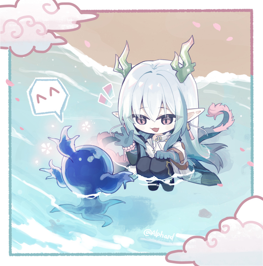 1boy, :3, alphard_(alphard1224), aqua_gloves, aqua_hair, arknights, artist_name, beach
