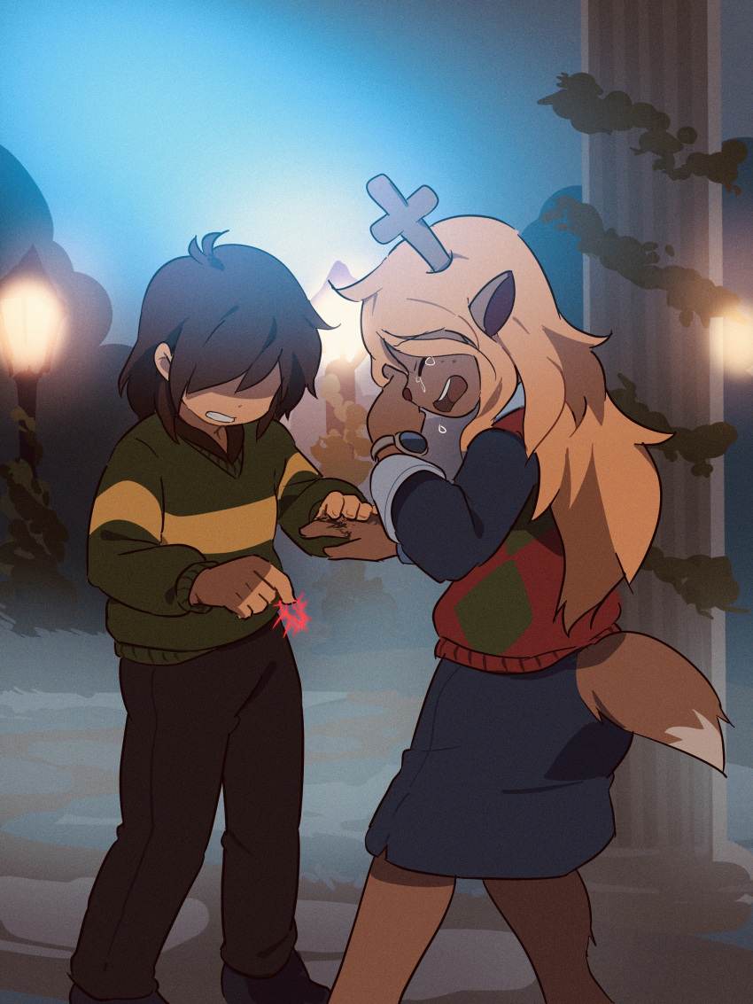 1girl, 1other, absurdres, antlers, black_pants, black_shirt, black_skirt, blonde_hair