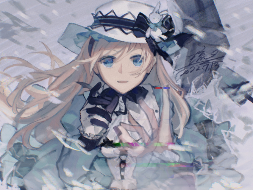 1boy, 1girl, alice_(arcaea), arcaea, black_nails, black_ribbon, blonde_hair, blue_dress
