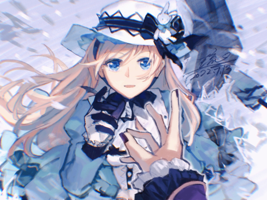 1boy, 1girl, alice_(arcaea), arcaea, black_nails, black_ribbon, blonde_hair, blue_dress