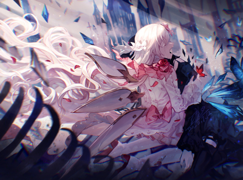 2girls, arcaea, black_dress, black_hair, black_thighhighs, boots, bow, bug