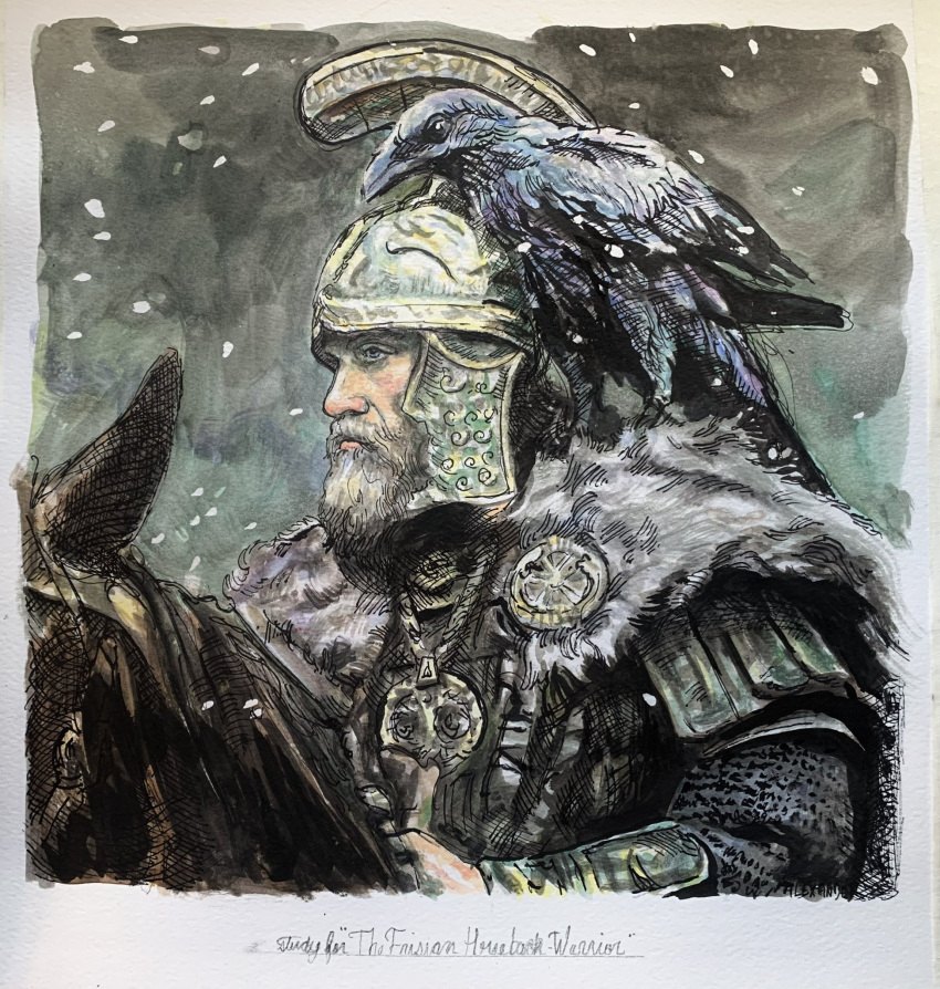 armor, beard, bird, bracer, cape, chainmail, colin_alex35207, crow, facial_hair, fur_cape, grey_eyes, grey_hair, helmet, highres, horse, horseback_riding, jewelry, necklace, oera_linda, old, ornate_helmet, painting_(medium), riding, snowing, traditional_media, warrior, watercolor_(medium)