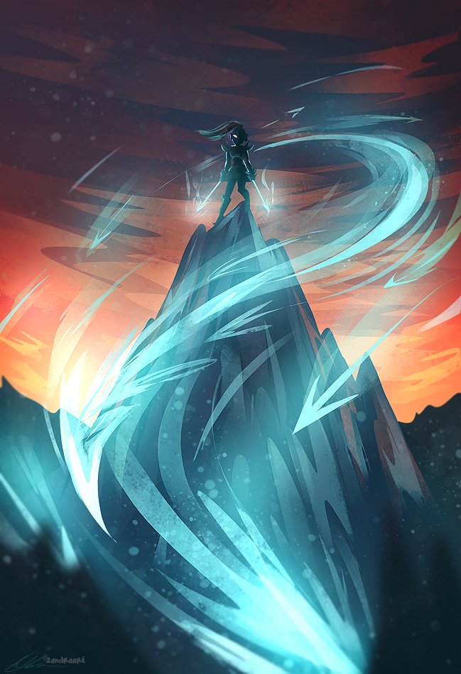 1girl, aiming, aiming_at_viewer, armor, full_body, glowing, glowing_eye, high_ponytail, holding, holding_weapon, mountain, mountainous_horizon, outdoors, painterly, ponytail, scenery, spear, standing, sunset, undertale, undyne, weapon, wide_shot, zandra