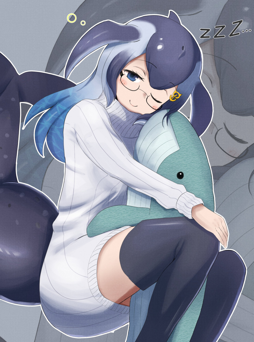 1girl, absurdres, anchor_hair_ornament, black_boots, blowhole, blue_eyes, blue_hair, blue_whale_(kemono_friends)