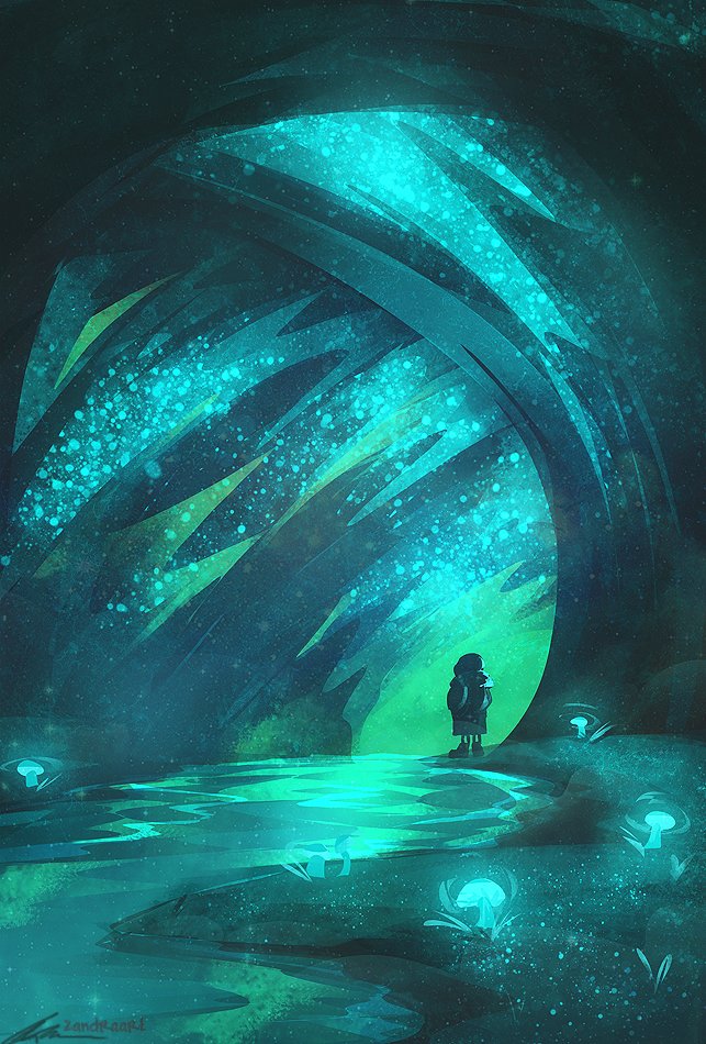 1boy, cave, from_behind, full_body, glowing, green_theme, male_focus, mushroom, nature, painterly, river, sans_(undertale), scenery, skeleton, undertale, wide_shot, zandra