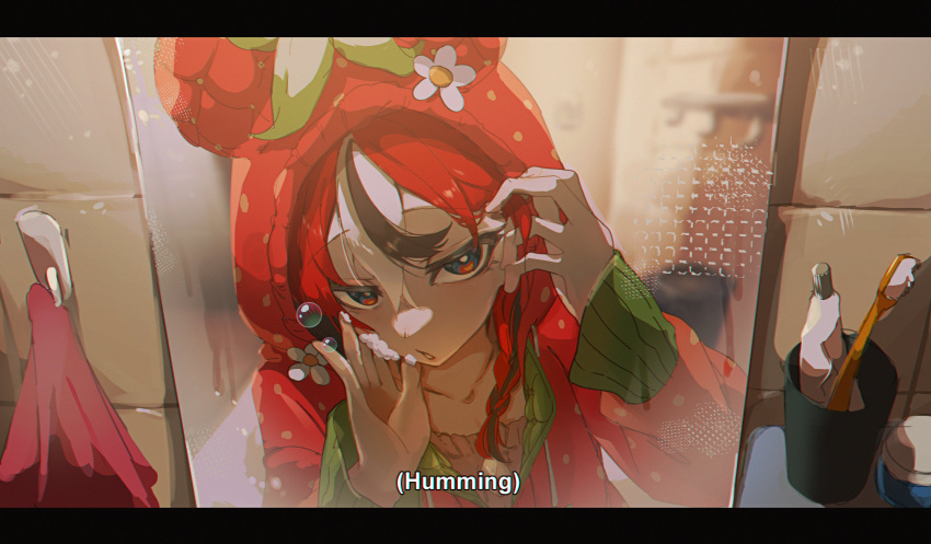 1girl, absurdres, bathroom, black_streaks, blue_eyes, hakos_baelz, hakos_baelz_(5th_costume), highres, hololive, hololive_english, hood, hood_up, hooded_pajamas, indoors, insfidelie, mirror, multicolored_hair, official_alternate_costume, pajamas, red_hair, red_pajamas, reflection, reflection_focus, soap_bubbles, solo, subtitled, toothbrush, toothpaste, towel, virtual_youtuber, white_hair