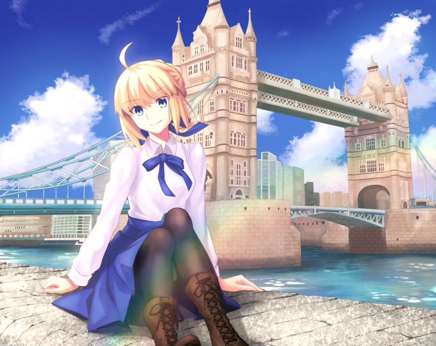 1girl, absurdres, ahoge, andychen662000, arm_support, artoria_pendragon_(fate), black_leggings, blonde_hair