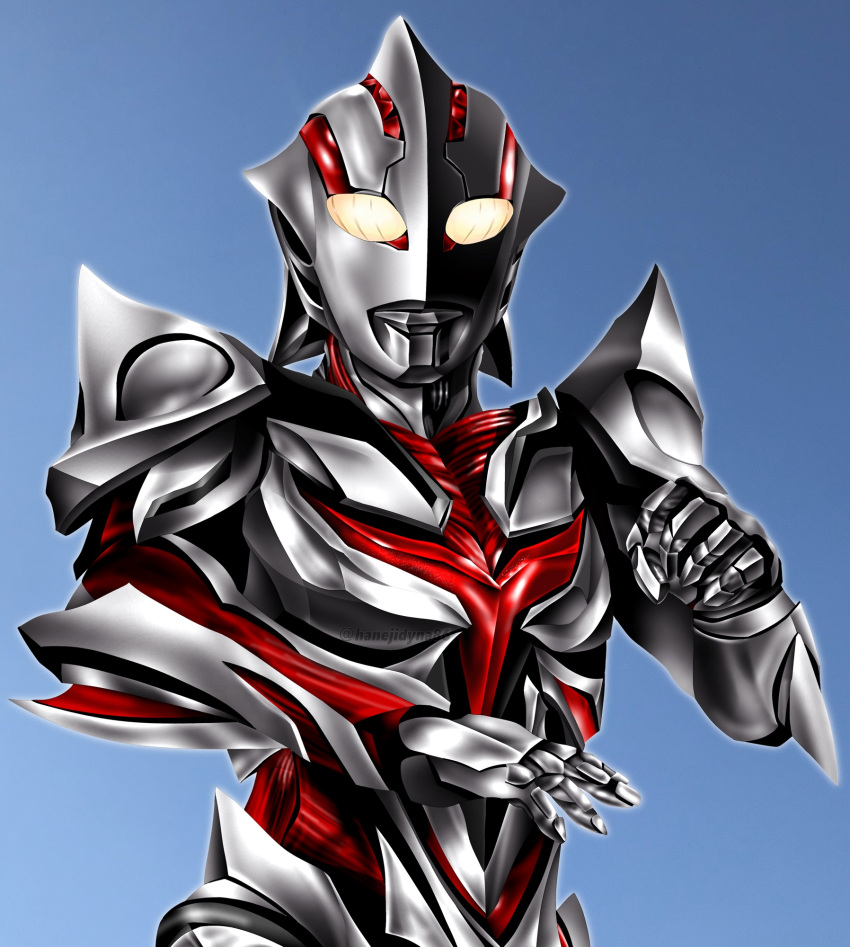 1boy, alien, armor, blue_sky, bluesky_username, breastplate, clenched_hand, color_timer