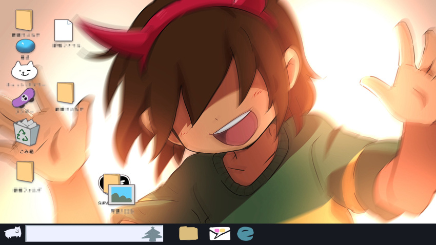 1other, aged_down, annoying_dog, brown_hair, commentary_request, deltarune, desktop_(computing), dog